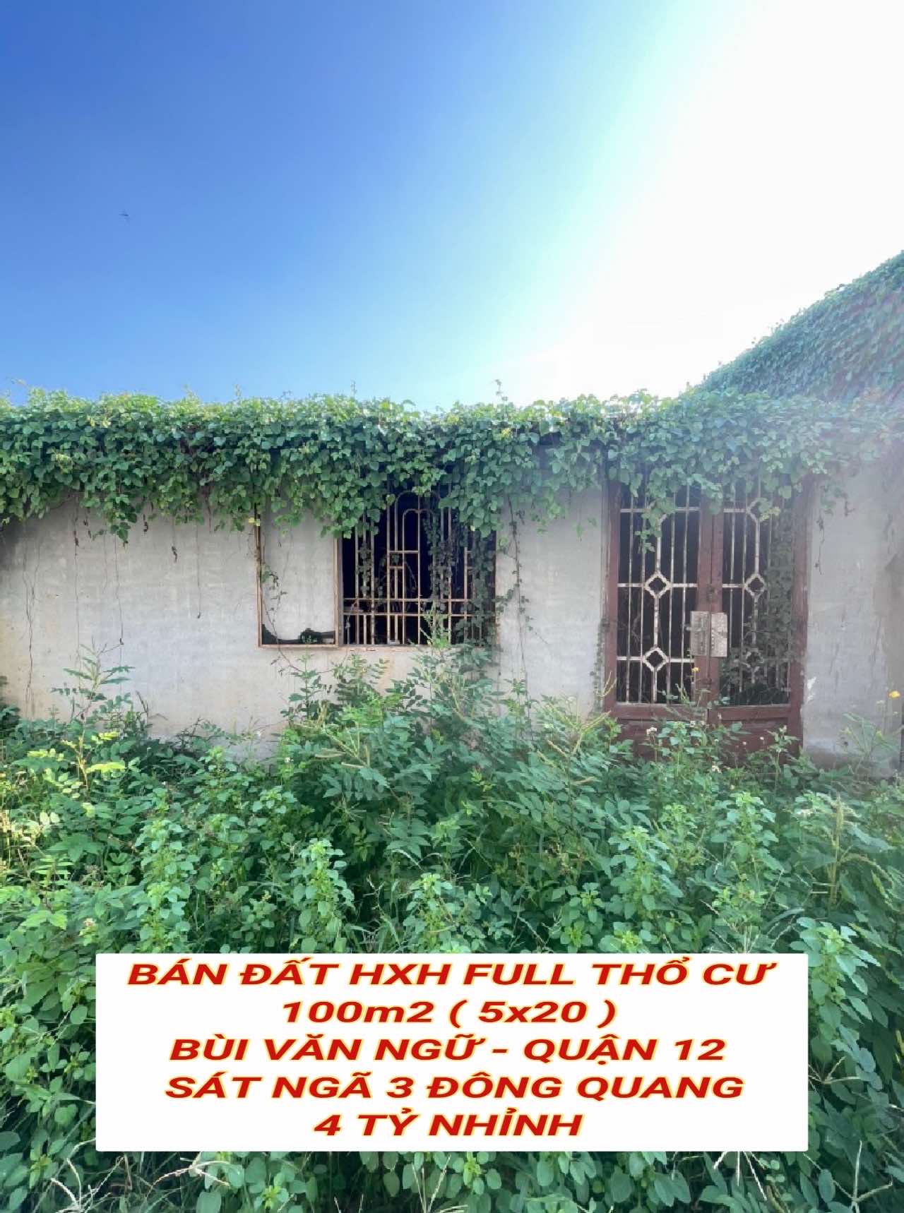 Bán đất hxh full tc 100m2 (5x20) Bùi Văn Ngữ Q12 , sát Ngã 3 Đông Quang , 4 tỷ nhỉnh 0932030061
