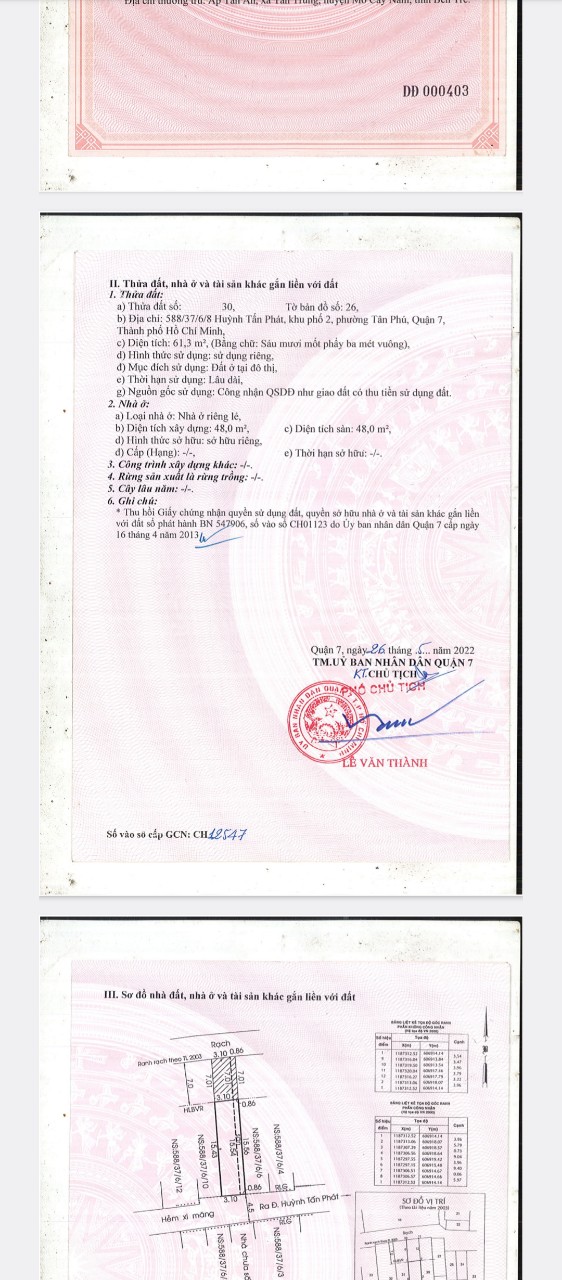Chính chủ cần bán lô đất 61,3m2 – 558/37/6/8 Huỳnh Tấn Phát, Khu phố 2, P Tân Phú, Q 7, TP HCM